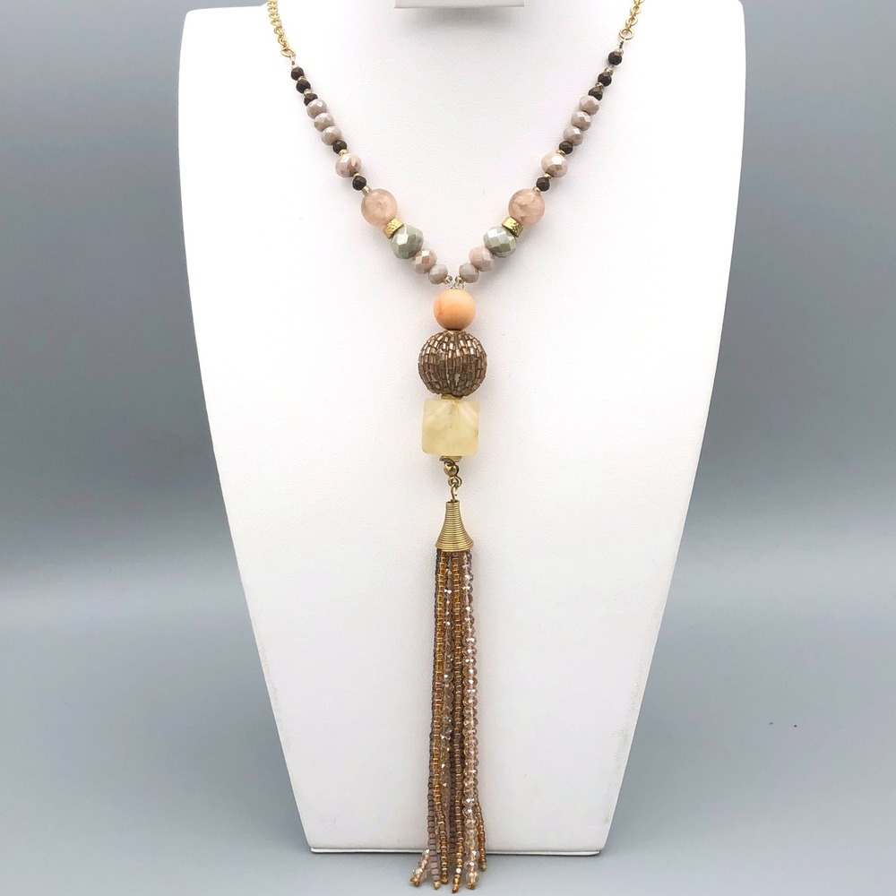 Vintage Beaded Tassel Necklace Earth Tone Stone Glass Long Statement 32" 7813